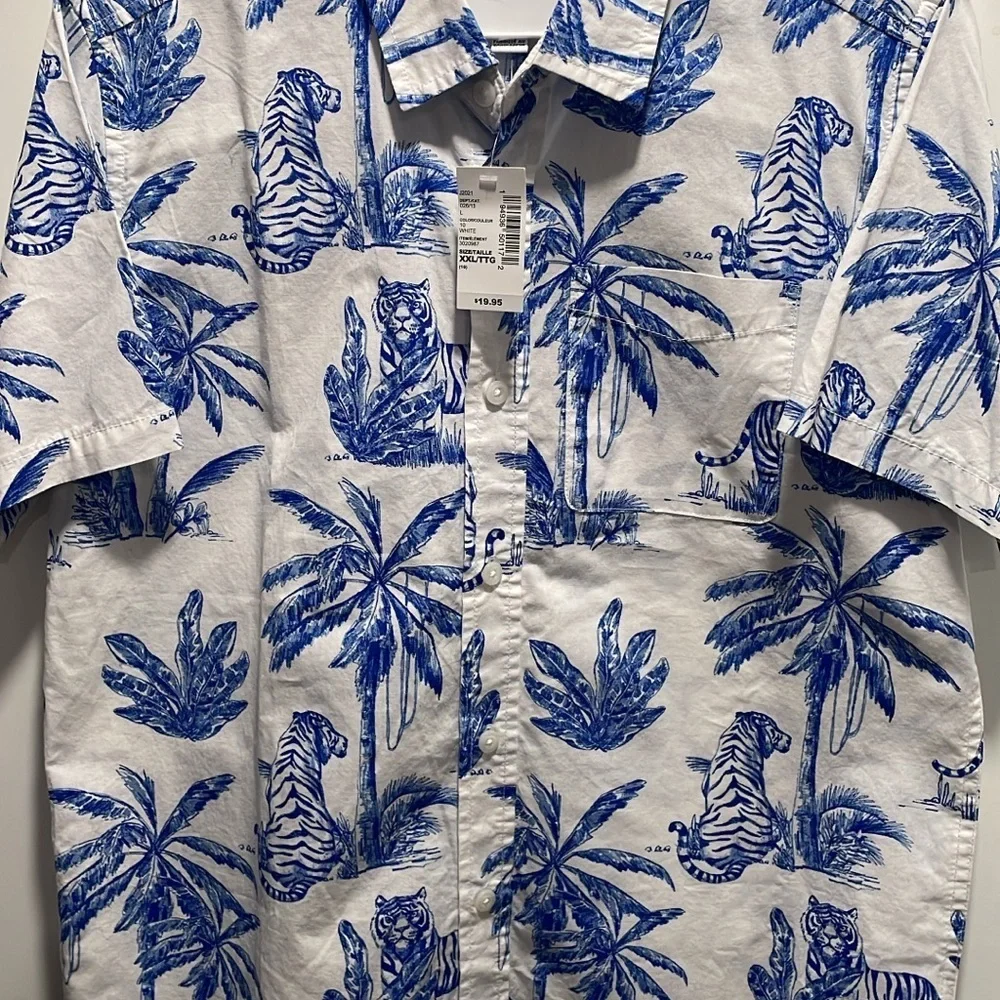 Blue and White Tropical Print  Shirt